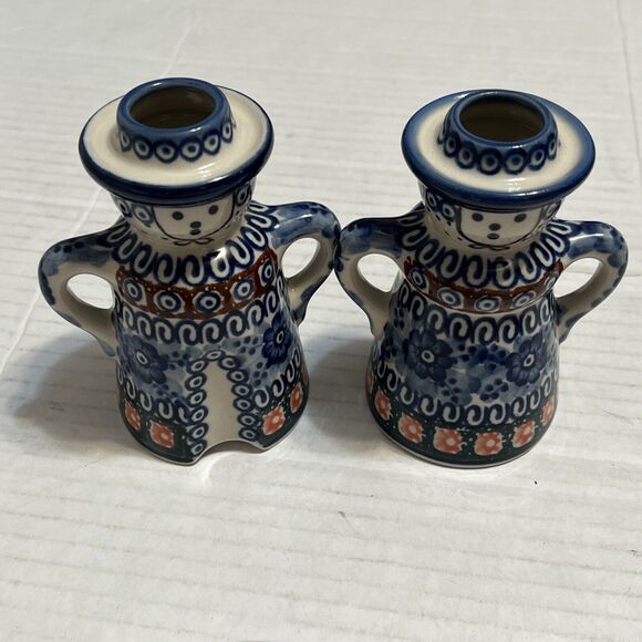 Unikat Polish Pottery Candle Holders Signed Anna #57A Set Handmade Poland - Picture 1 of 6